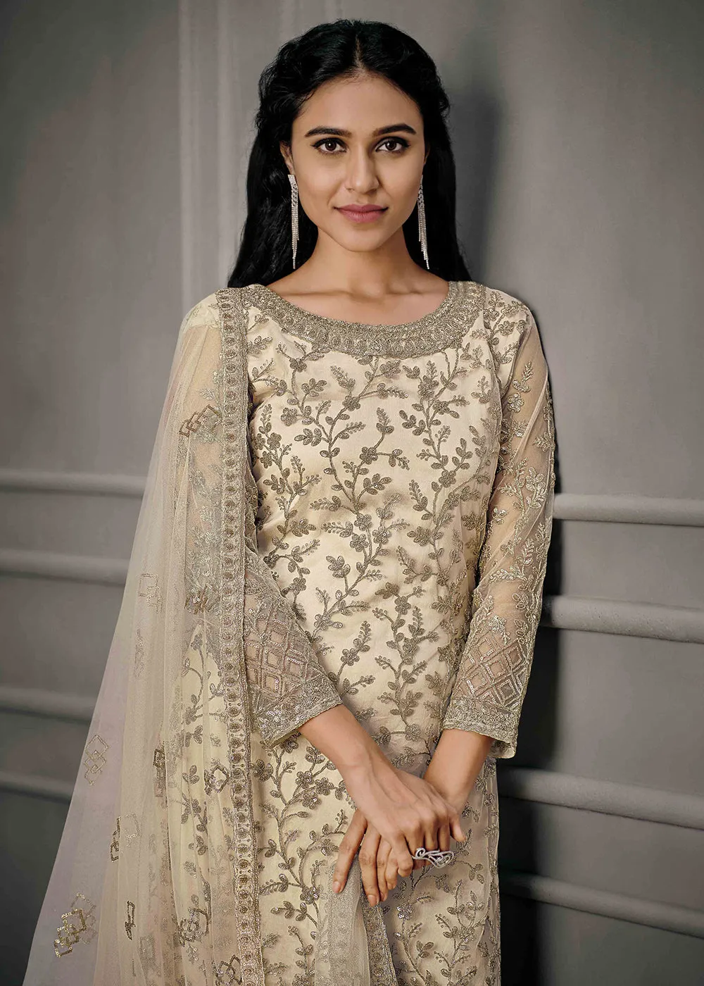 Adorable Cream Wedding Wear Net Embroidered Salwar Suit