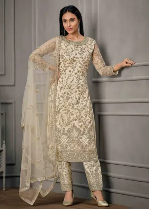 Adorable Cream Wedding Wear Net Embroidered Salwar Suit