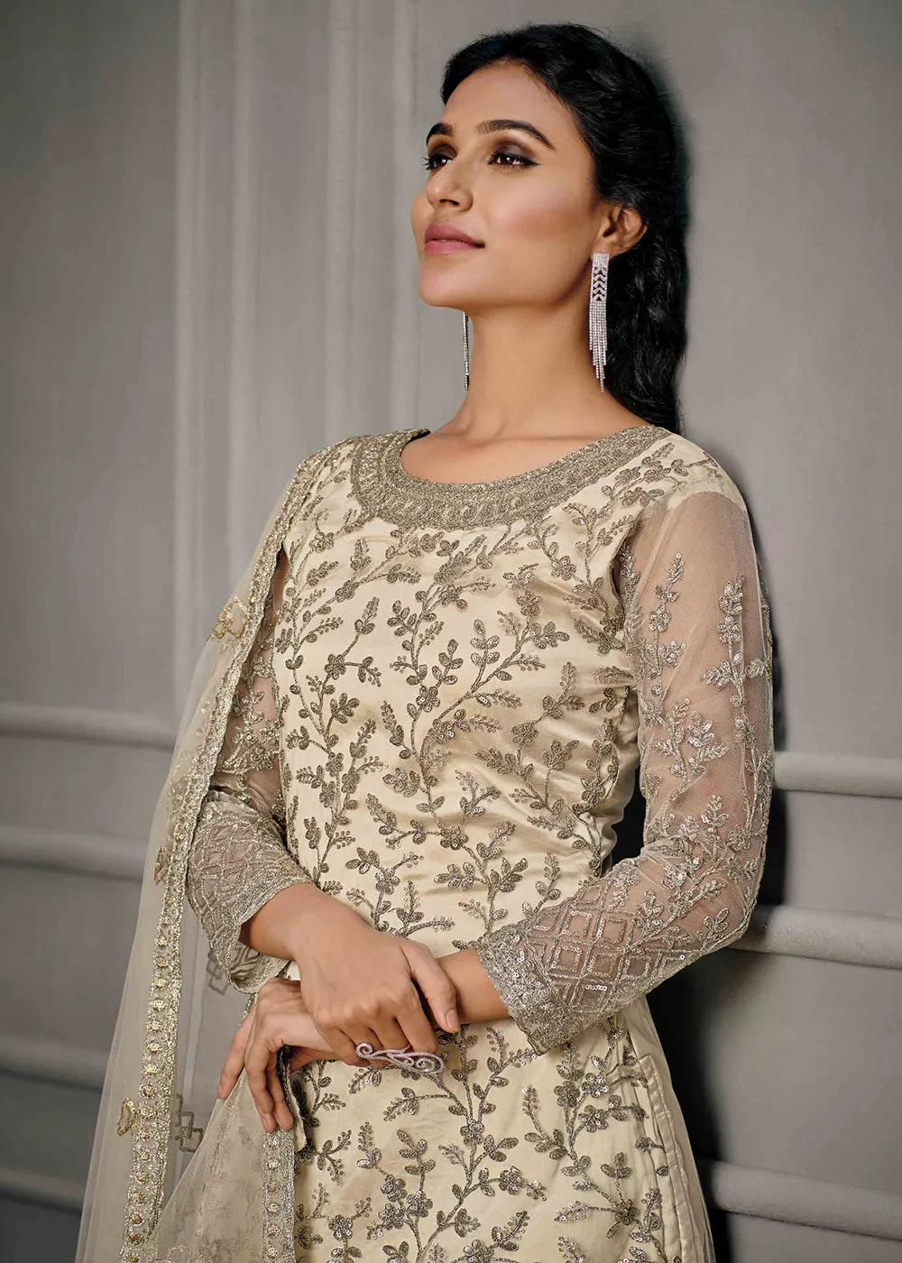 Adorable Cream Wedding Wear Net Embroidered Salwar Suit