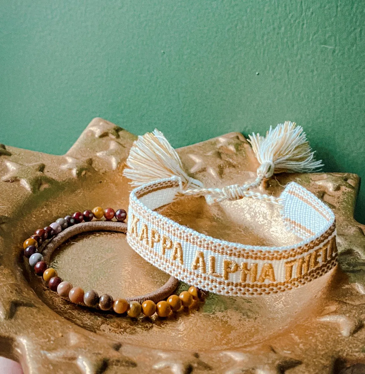 Alpha Delta Pi Woven Bracelet, White and Gold Design