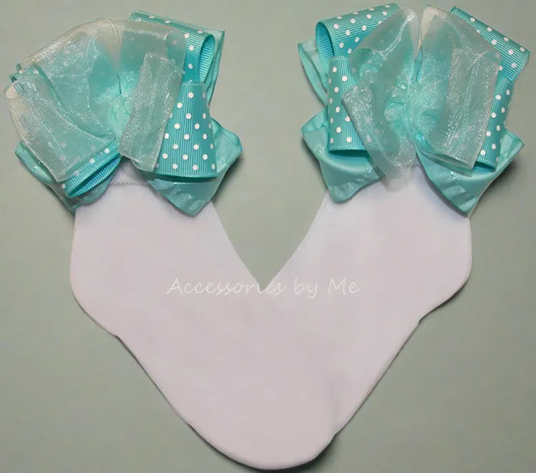 Aqua Organza Ruffle Bow Socks