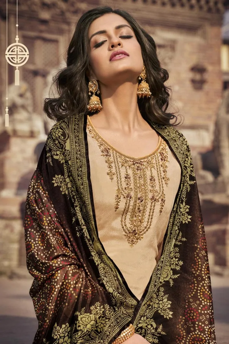 Beige Chiffon Embroidered Festive Palazzo Suit