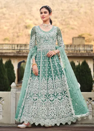 Butterfly Net Green Embroidered Wedding Bridesmaid Anarkali Suit