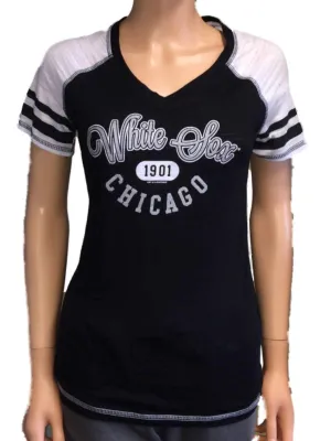 Chicago White Sox SAAG Women Black Light Baseball Tri-Blend V-Neck T-Shirt