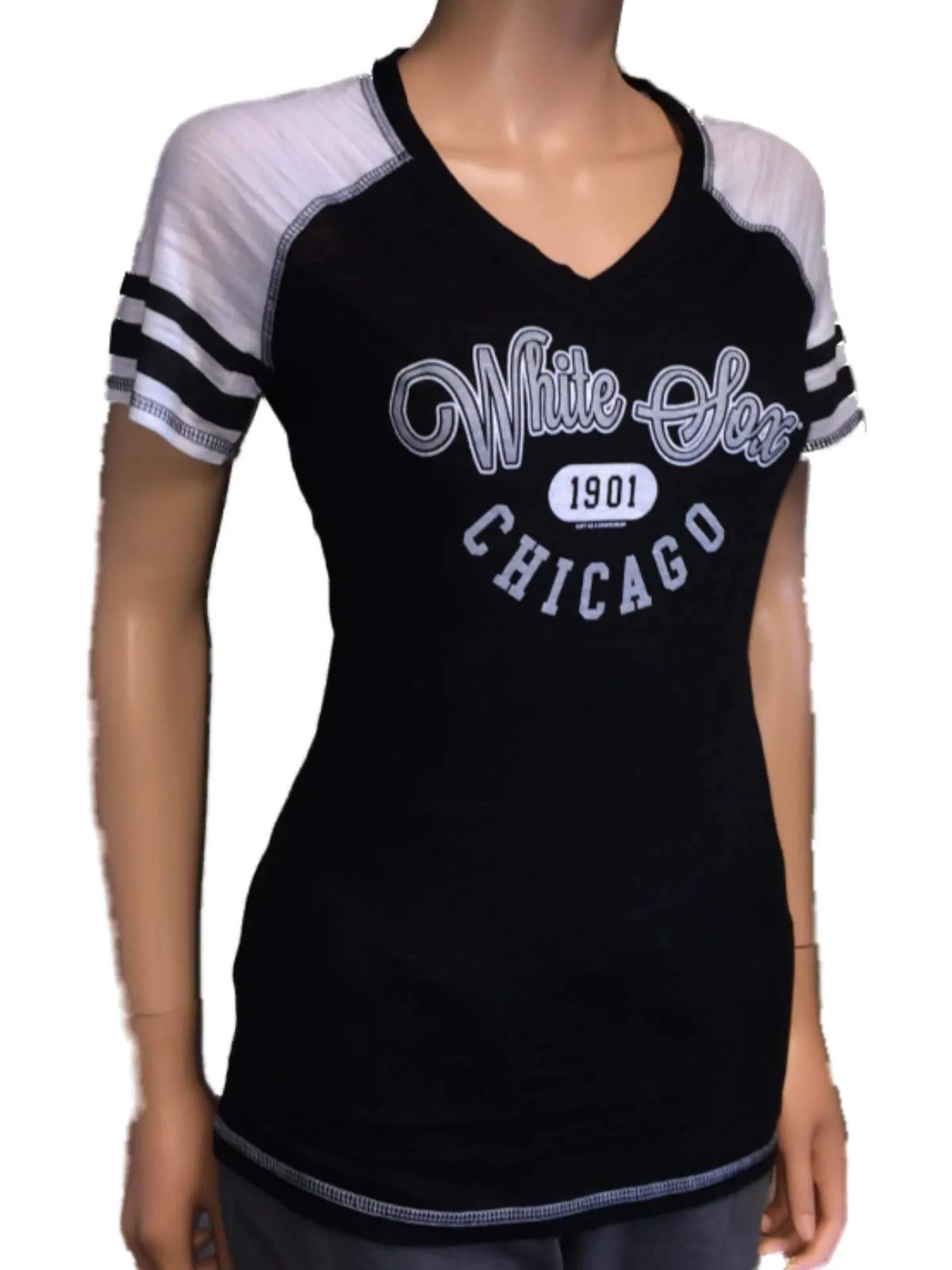 Chicago White Sox SAAG Women Black Light Baseball Tri-Blend V-Neck T-Shirt