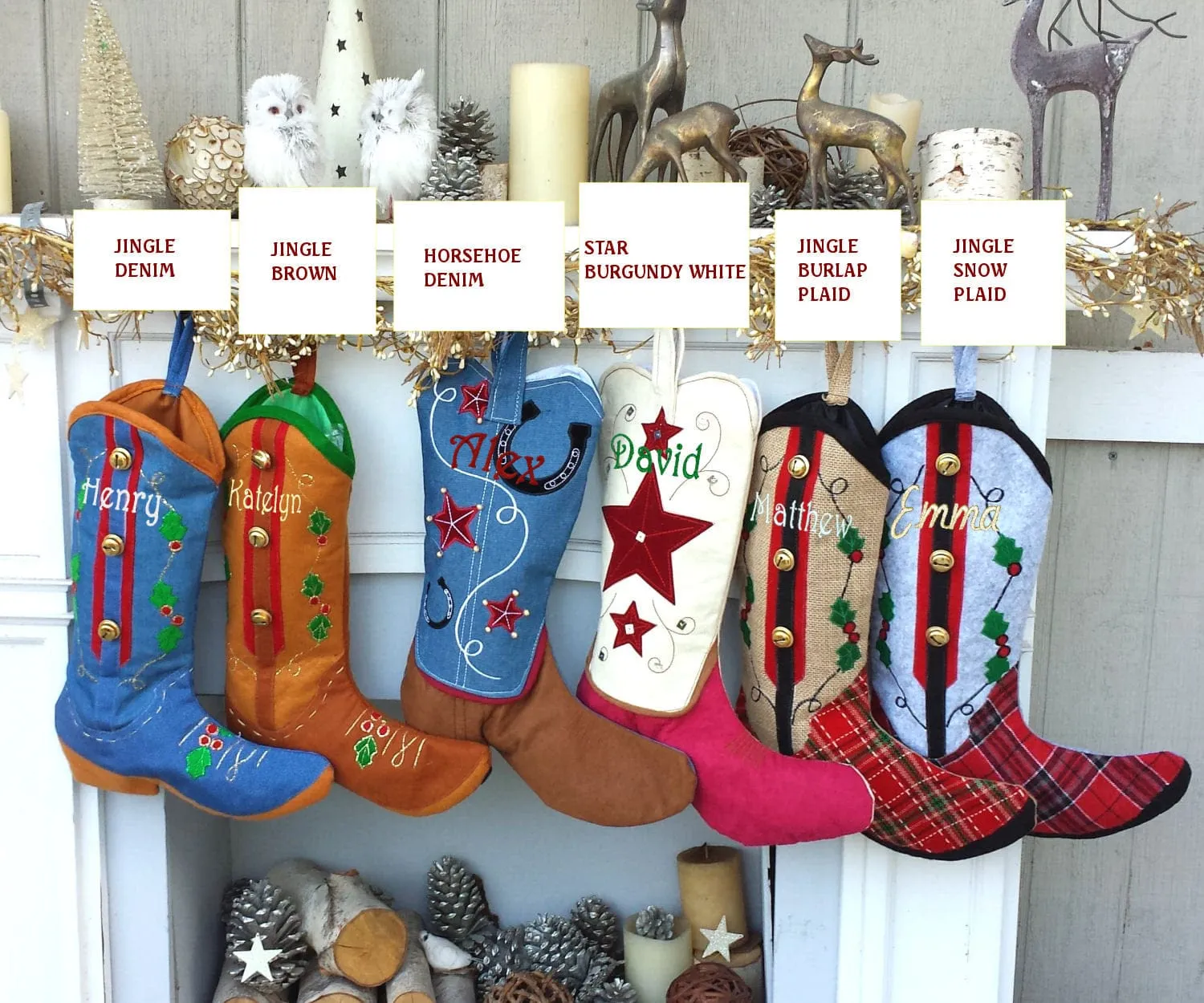 Cowboy Boot Christmas Stockings Country Western Personalized with Embroidered Names or Monogram for Cowboys or Cowgirls