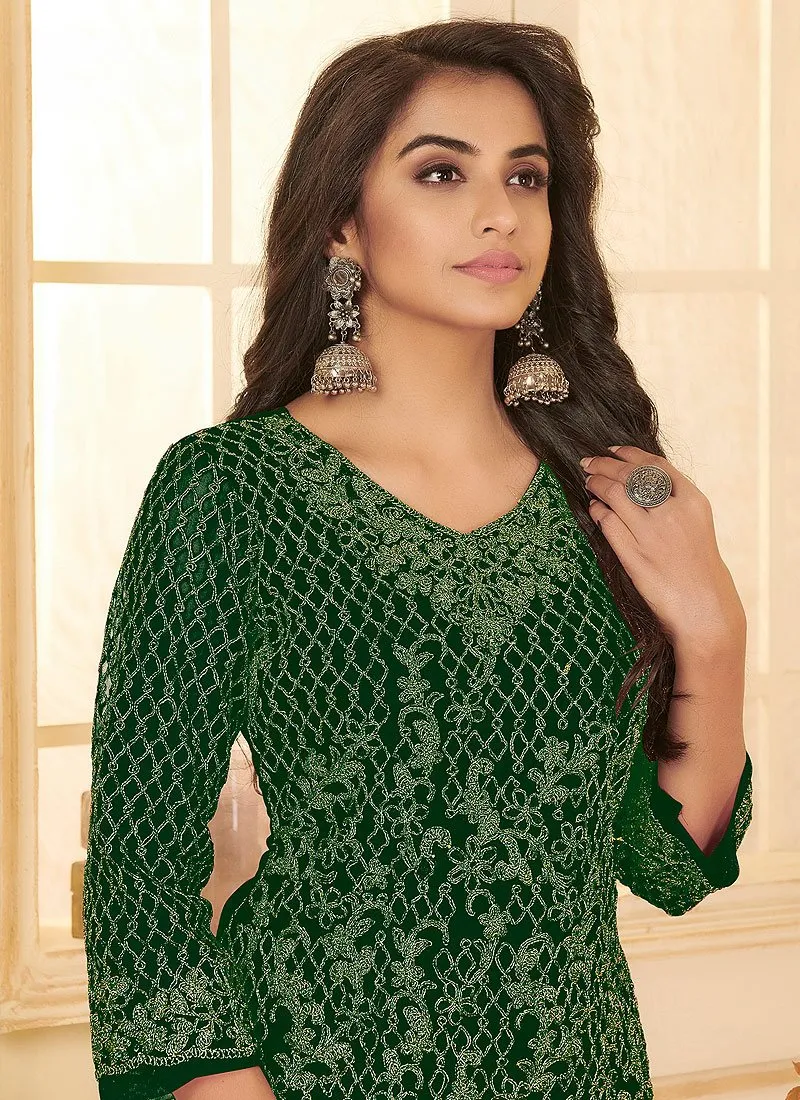 Dark Green All Over Embroidered Net Pant Style Suit