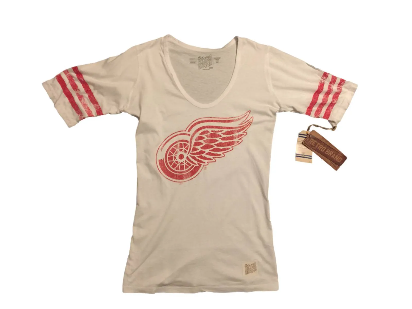 Detroit Red Wings Retro Brand WOMEN White Striped Quarter Sleeve T-Shirt