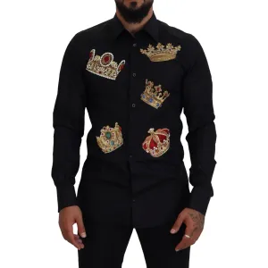 Dolce & Gabbana Elegant Black Slim Fit Dress Shirt with Crown Embroidery