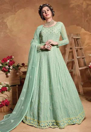 Fantastic Sea Green Net Embroidered Floor Length Anarkali Suit