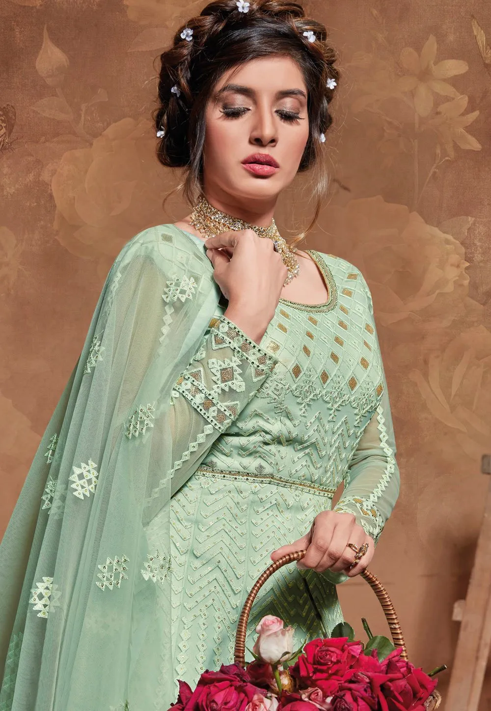 Fantastic Sea Green Net Embroidered Floor Length Anarkali Suit