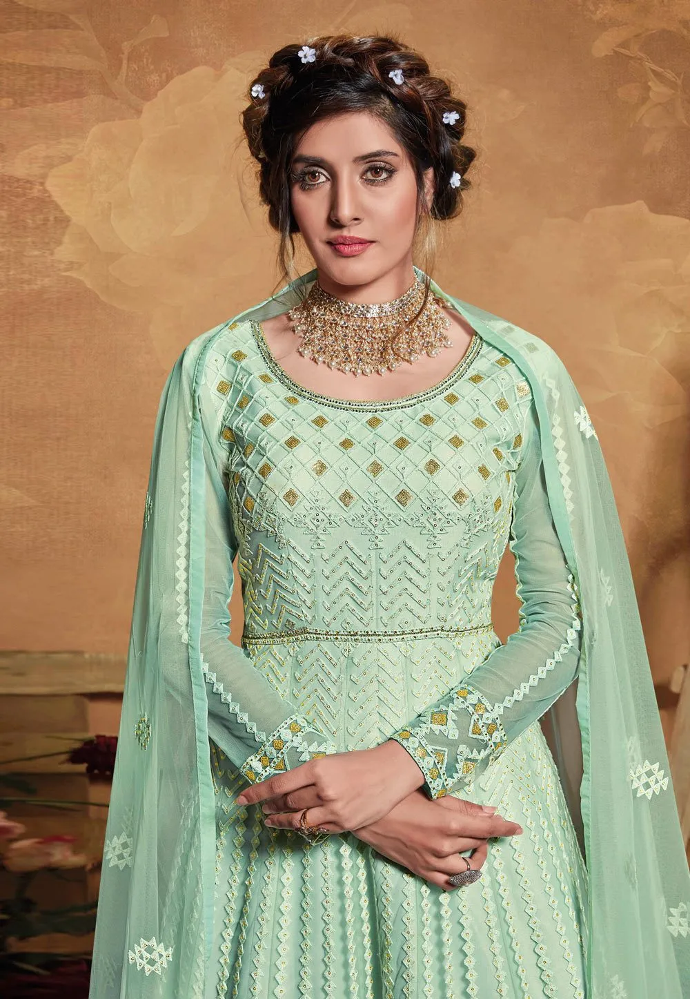 Fantastic Sea Green Net Embroidered Floor Length Anarkali Suit