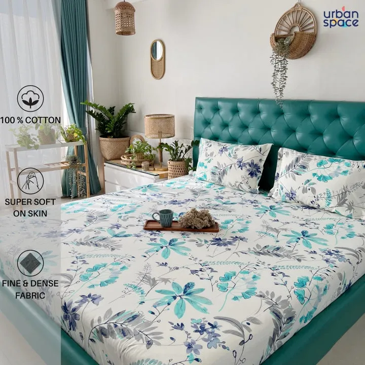 Fitted King Size Cotton Bedsheet - Floral Feast Turquoise