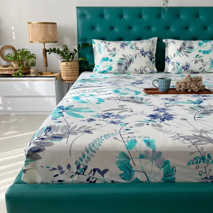 Fitted King Size Cotton Bedsheet - Floral Feast Turquoise