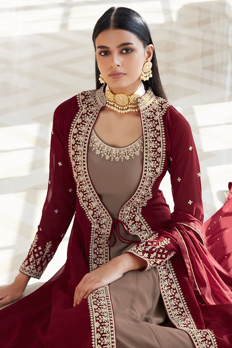 Georgette Fascinating Brown Jacket Style Anarkali Suit