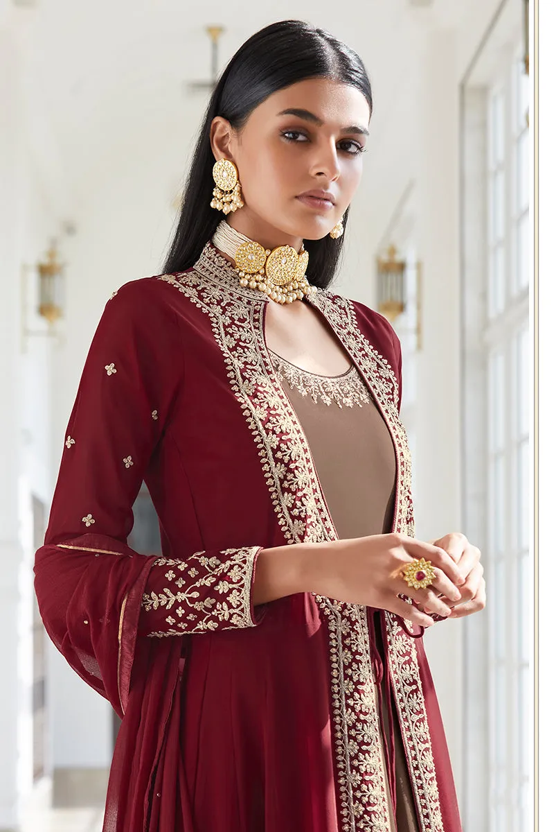 Georgette Fascinating Brown Jacket Style Anarkali Suit