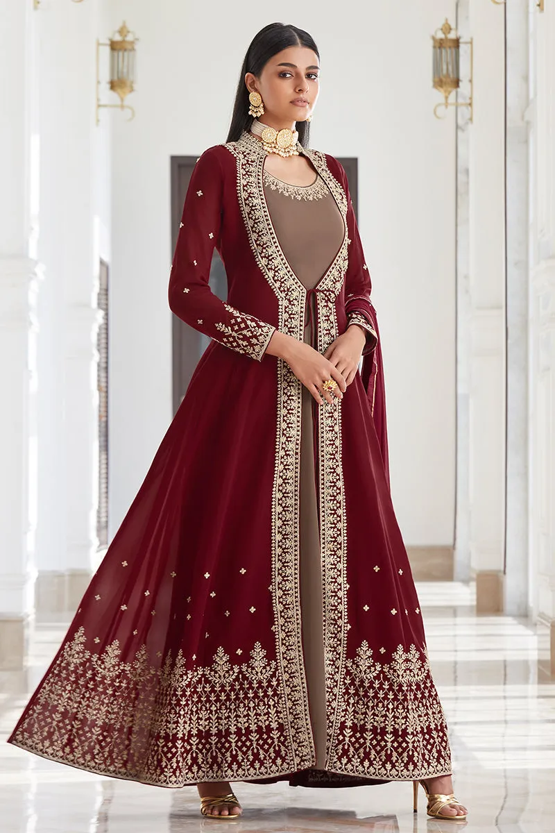 Georgette Fascinating Brown Jacket Style Anarkali Suit