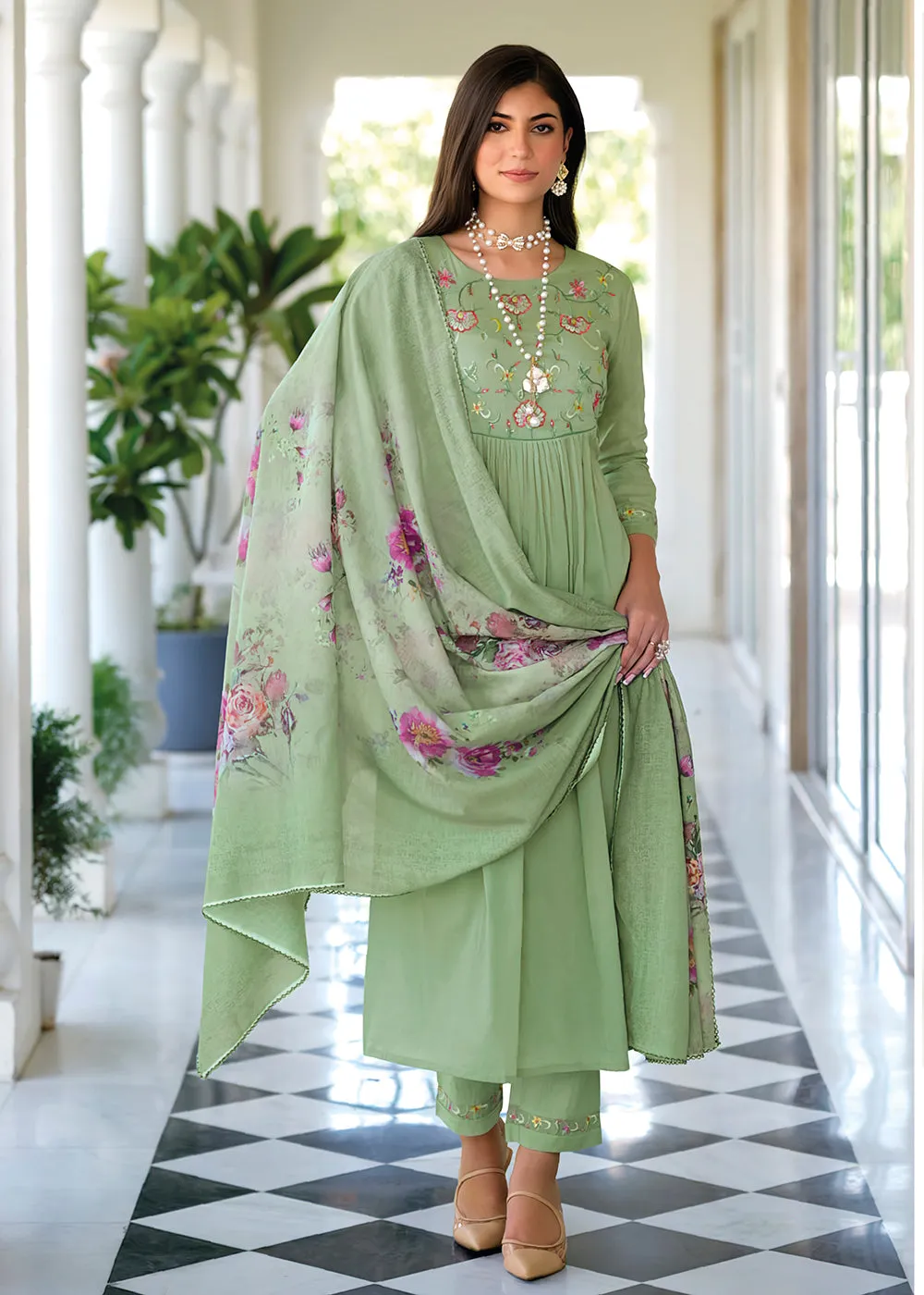 Graceful Green Mal Mal Cotton Casual Look Salwar Suit