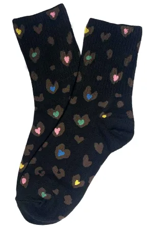 Leopard Heart Socks Black