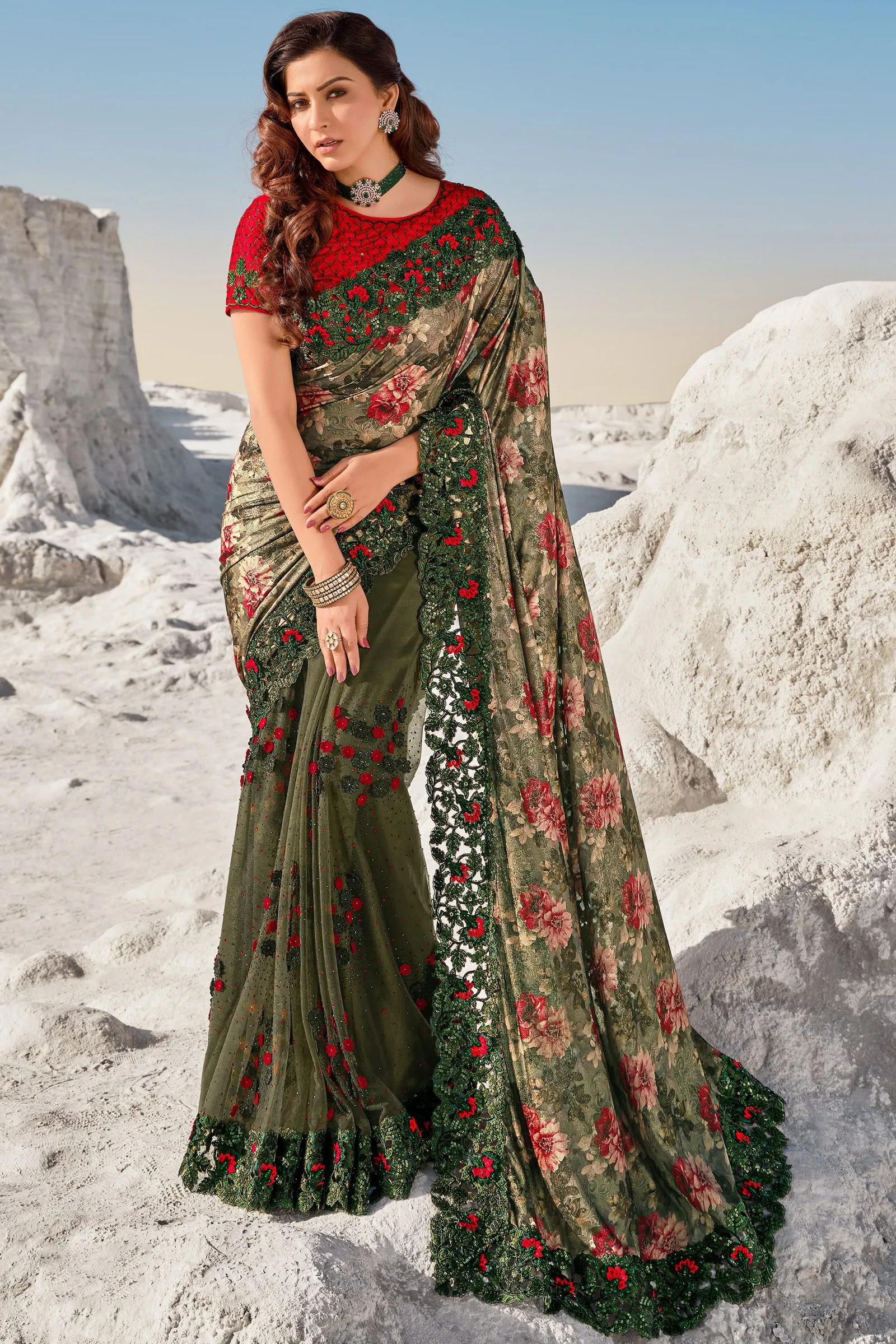 Mahendi Green Floral Embroidered Net Saree