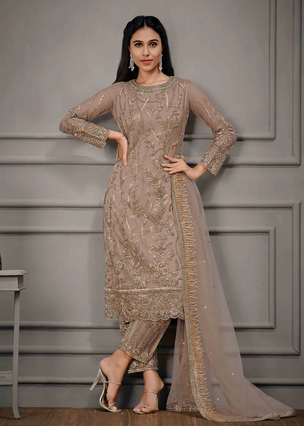 Mauve Beige Wedding Wear Net Embroidered Salwar Suit