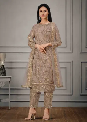 Mauve Beige Wedding Wear Net Embroidered Salwar Suit