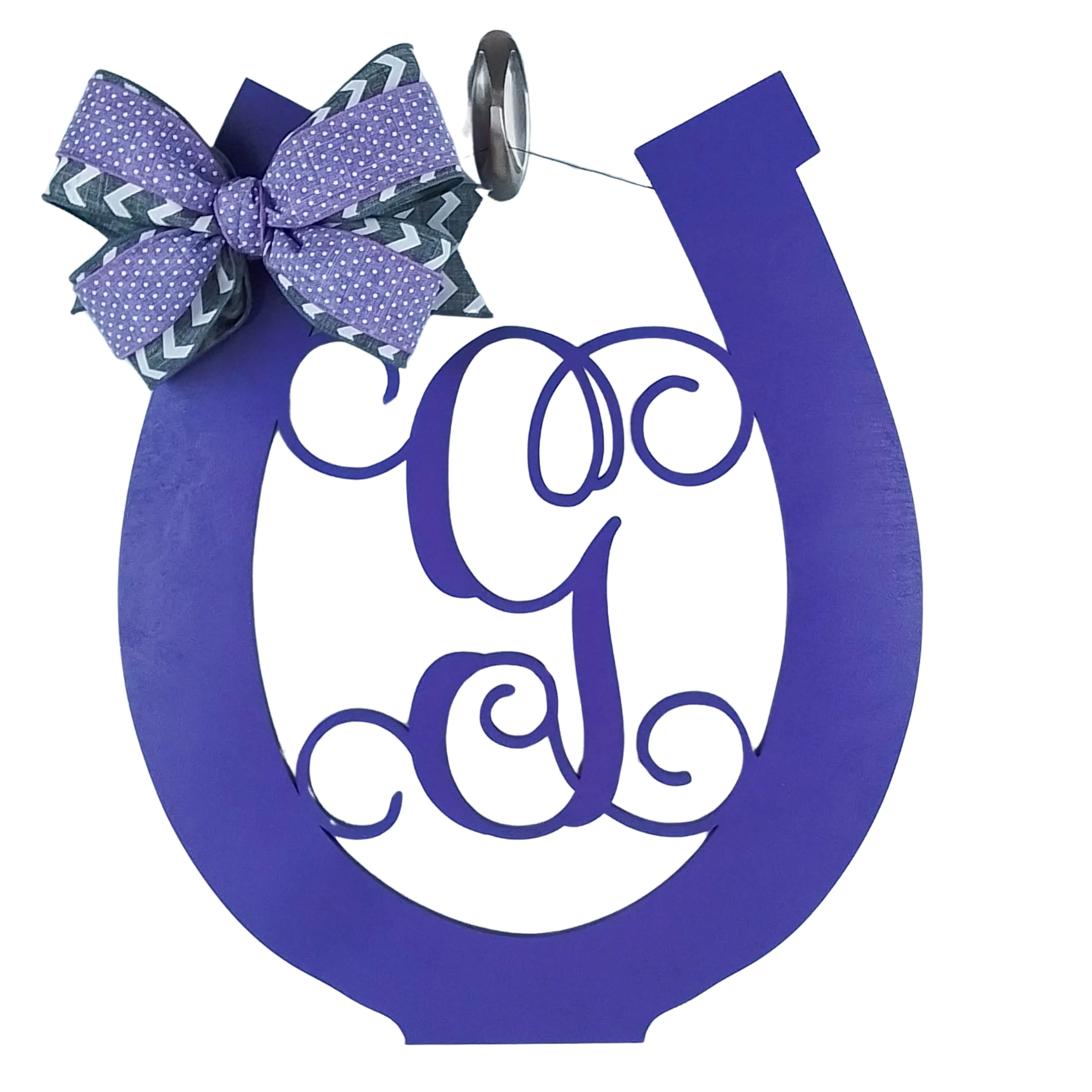 Personalized Door Hanger, Birch Wood Horseshoe Decor, Purple Letter Door Sign