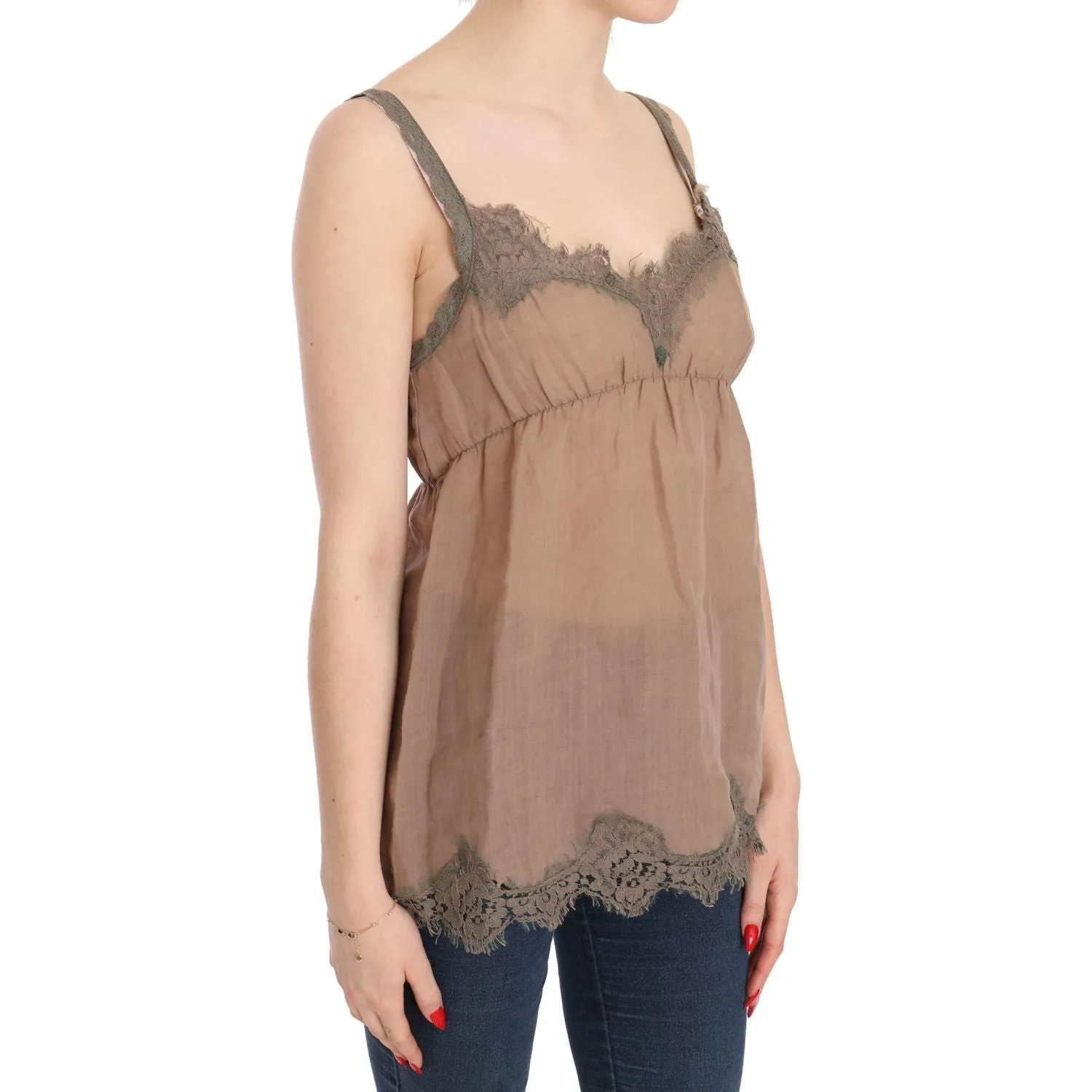 PINK MEMORIES Elegant Lace Brown Linen Blouse