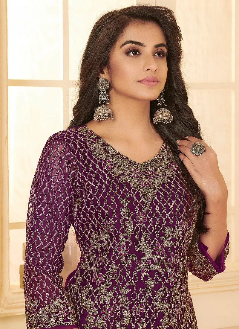 Plum Purple All Over Embroidered Net Pant Style Suit