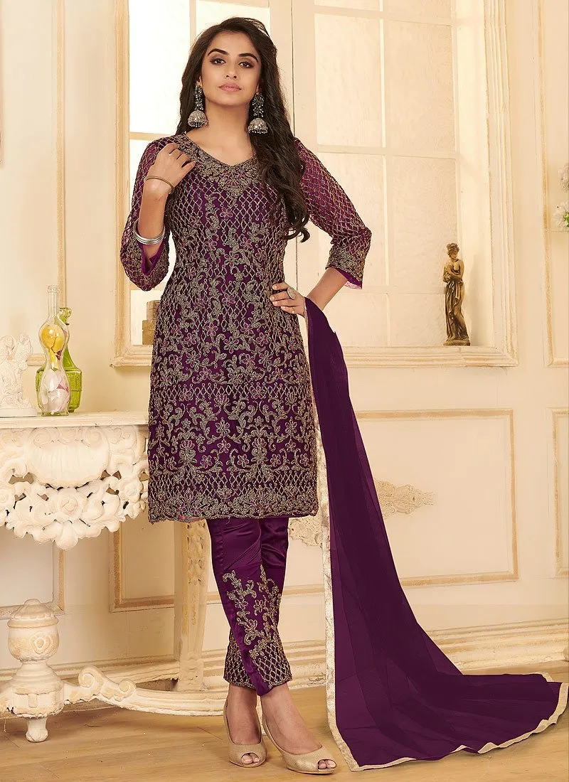 Plum Purple All Over Embroidered Net Pant Style Suit