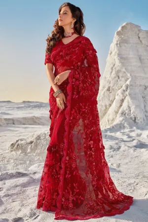 Premium Red Floral Embroidered Net Saree