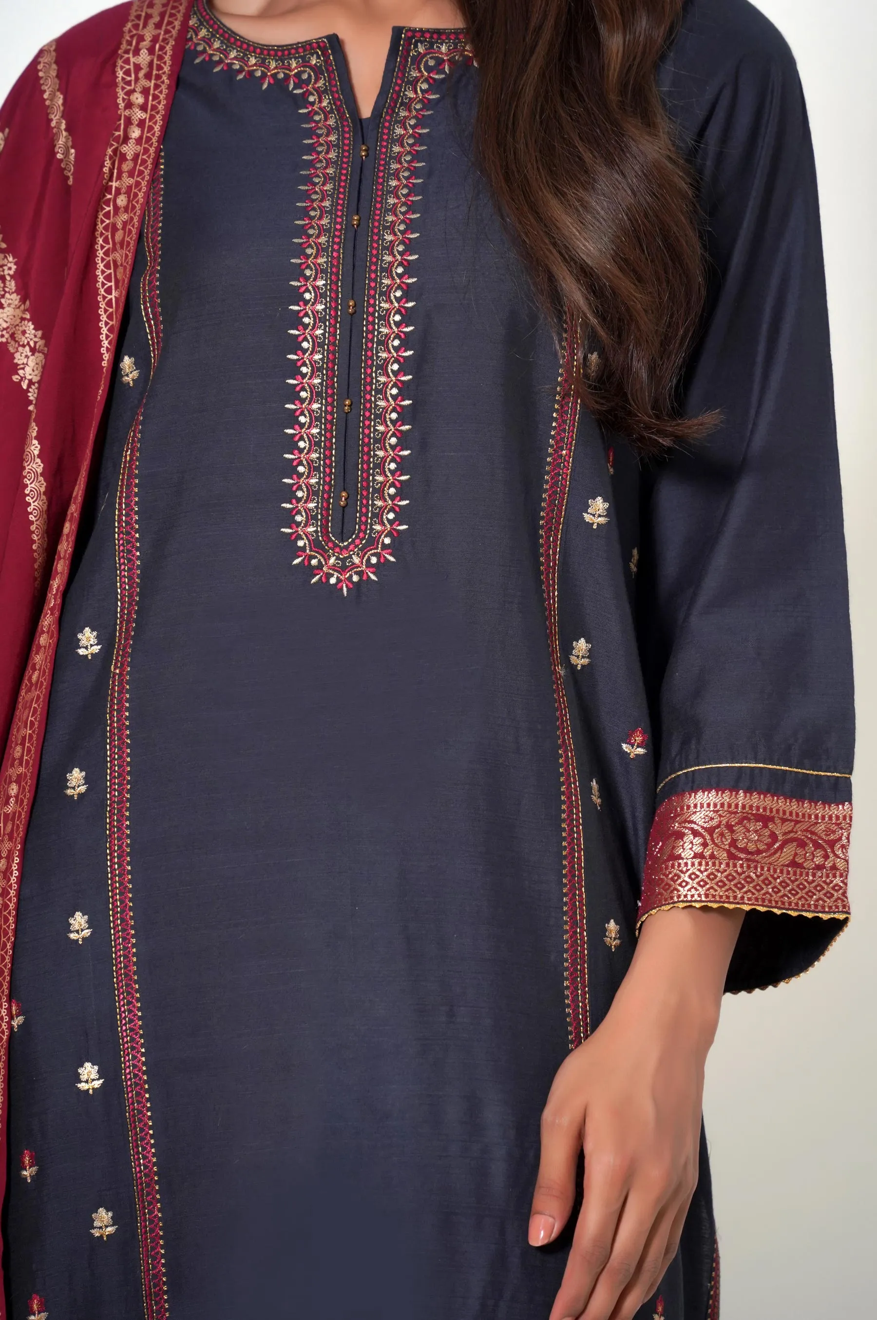 Stitched 3 Piece Raw Silk Embroidered Suit