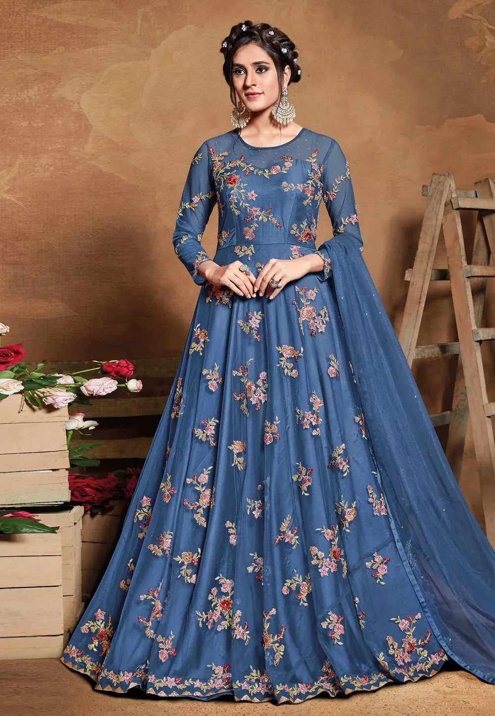 Tempting Blue Net Embroidered Floor Length Anarkali Suit