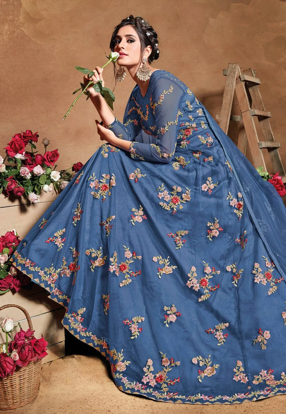 Tempting Blue Net Embroidered Floor Length Anarkali Suit