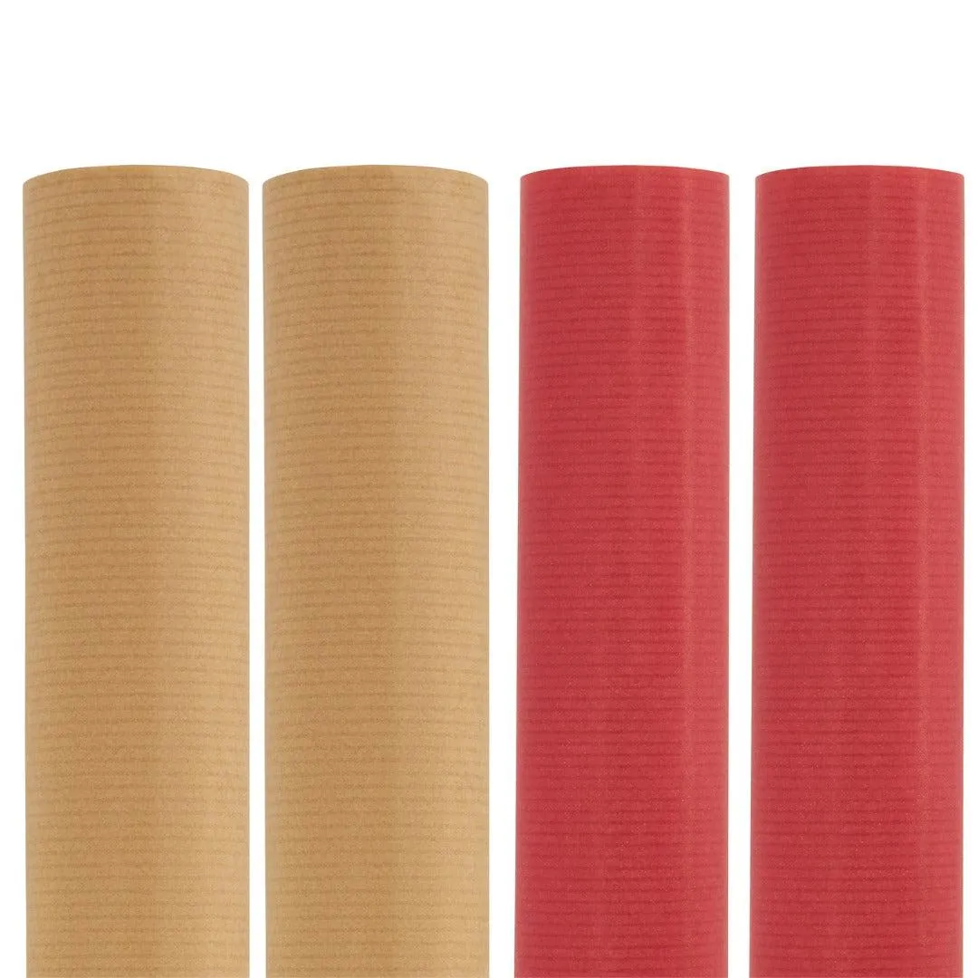 Wrapping Paper - Red & Natural Ribbed Kraft Gift Wrap - Singles or 4 Pack - 3m Roll